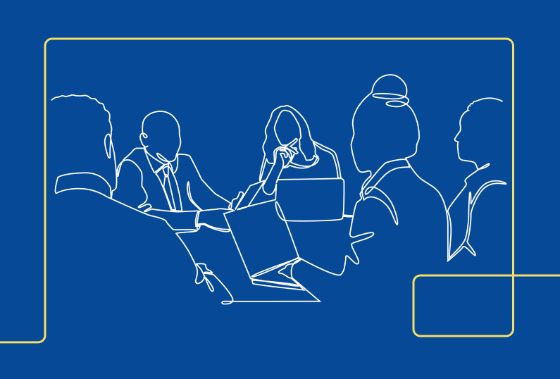 line art of a group of people talking around a table