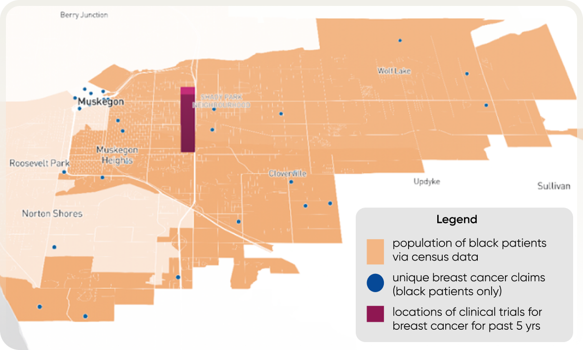 map of diverse patient groups compared to clinical trial locations