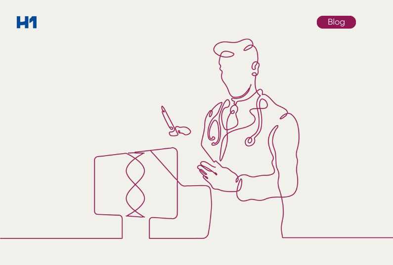 line art of doctor at computer
