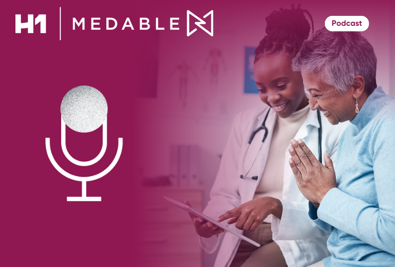 doctor talking to patient next to a microphone icon