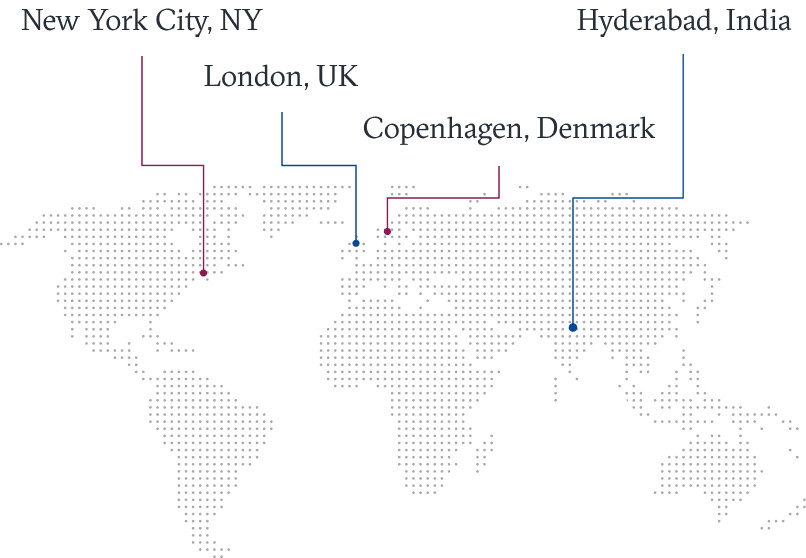 Map of H1 locations, showing locations in New York City, London, Copenhagen, and Hyderabad