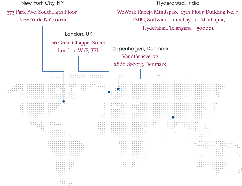 Map of H1 locations, showing locations in New York City, London, Copenhagen, and Hyderabad