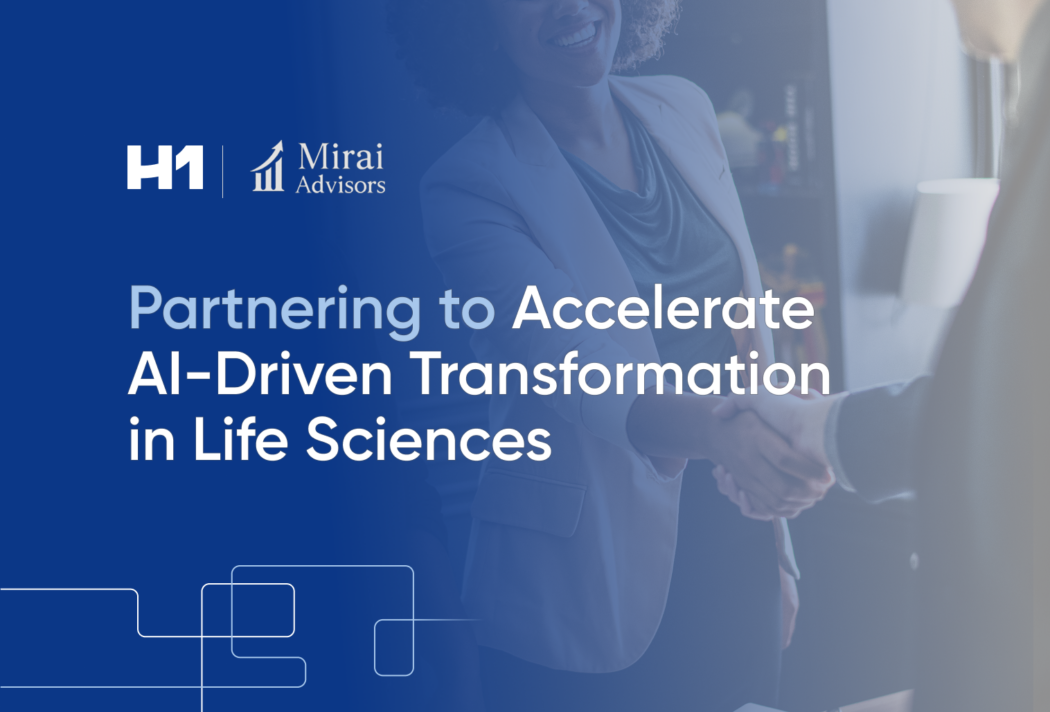 H1 and Mirai Advisors logos with two businesspeople shaking hands